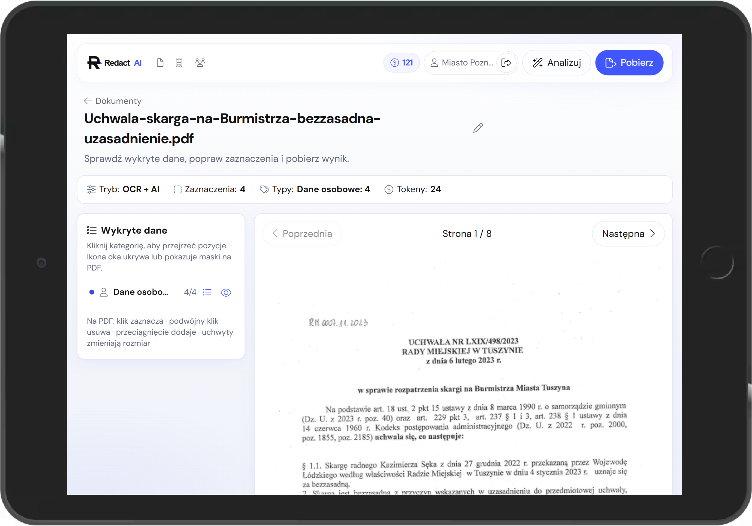 Pełny widok aplikacji Redakt podczas weryfikacji dokumentu.